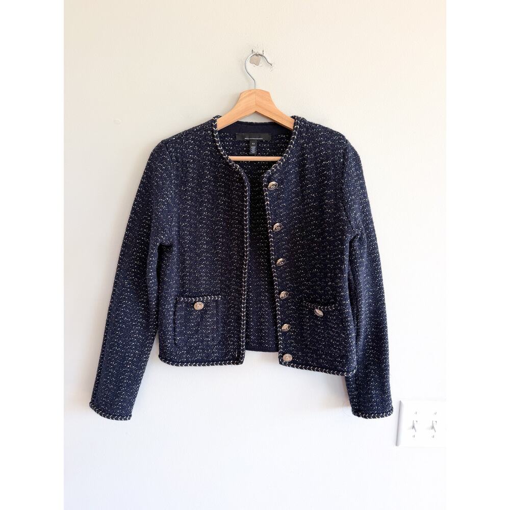 White House Black Market Glam Tweed Cropped Stylist Jacket Blue Gold XS